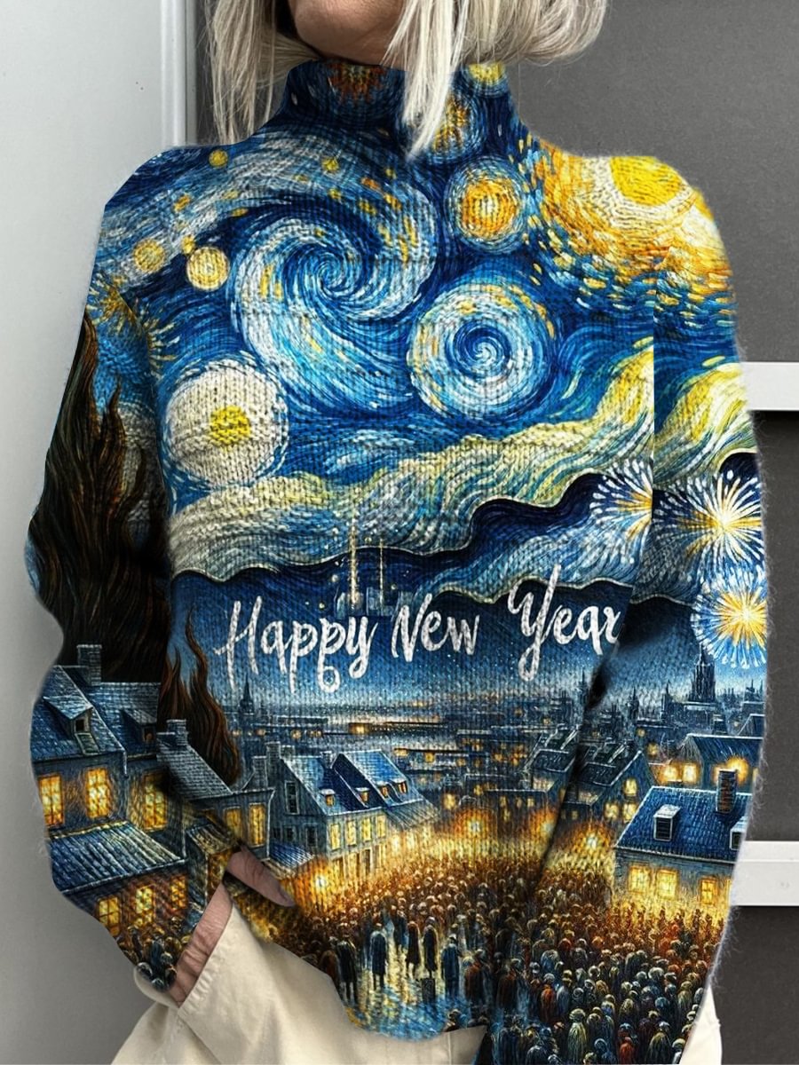 Pullover mit Rollkragen und Kunstdruck „Frohes neues Jahr“