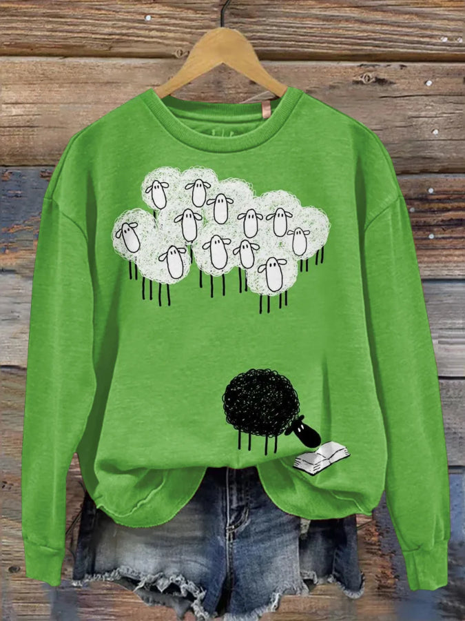 Langärmliges Sweatshirt mit Farm-Schaf-Aufdruck für Damen