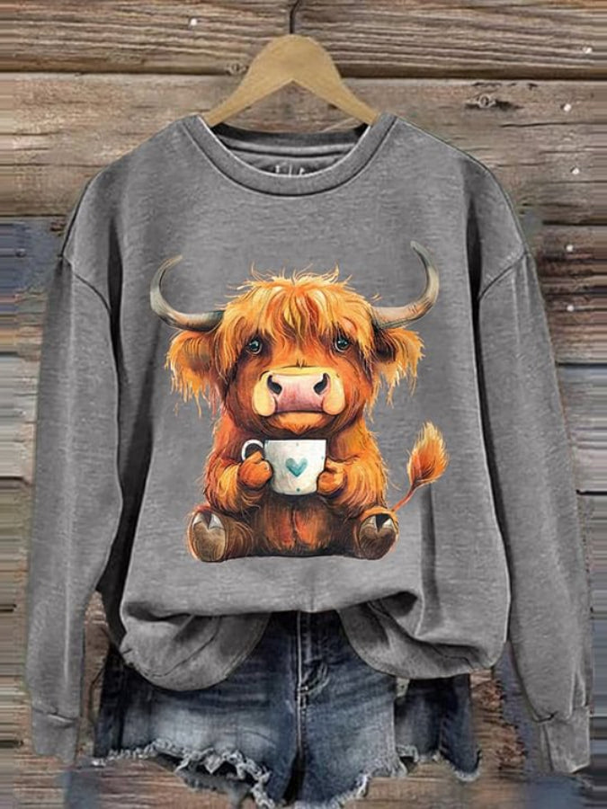 Lässiges Sweatshirt mit Rundhalsausschnitt und Highland Cow-Print für Damen