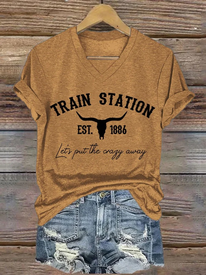 Western Train Station Bull Skull V Neck T Shirt