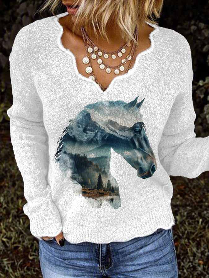 Women's Vintage Wild Horse Print Casual Sweater