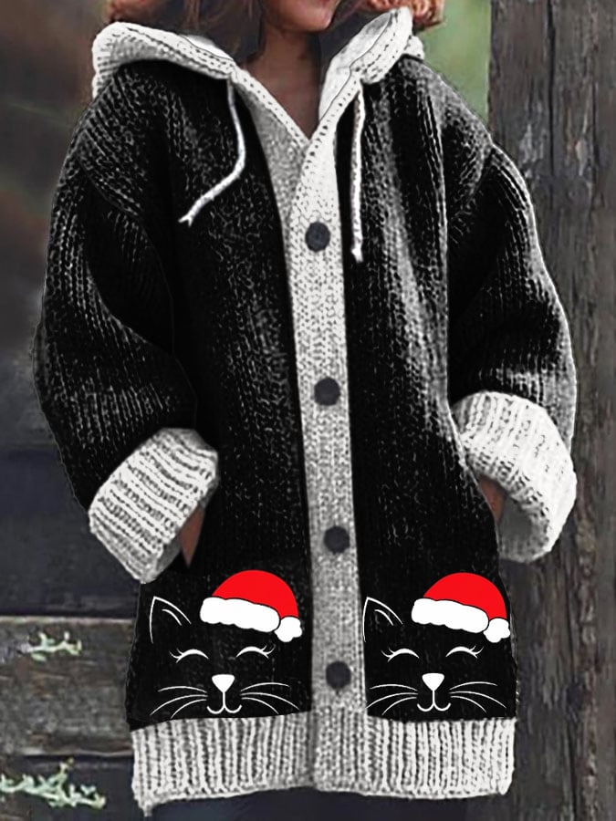 Women's Christmas Cute Cat Knitted Hooded Cardigan