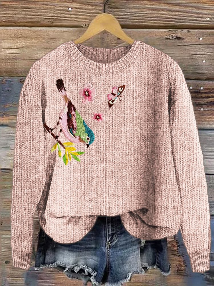 Bird & Flower Embroidery Art Cozy Knit Sweater