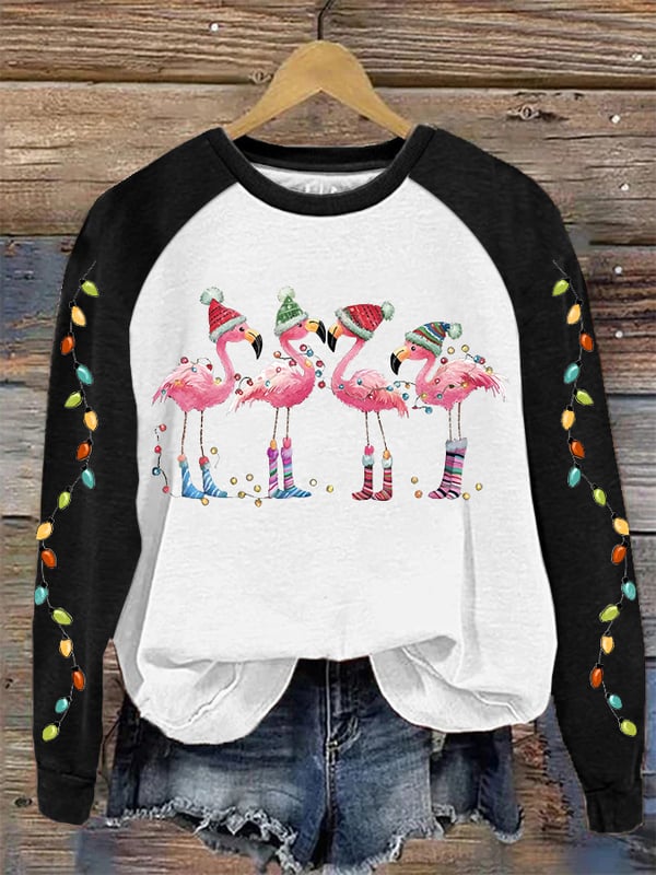 Lässiges Sweatshirt mit Weihnachts-Flamingo-Print für Damen