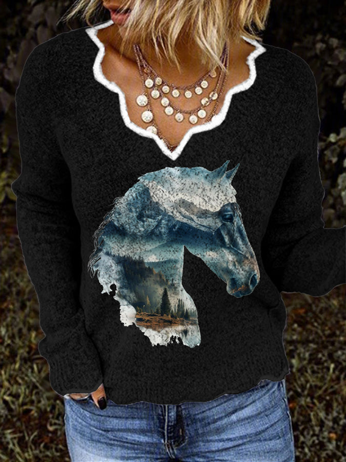 Women's Vintage Wild Horse Print Casual Sweater