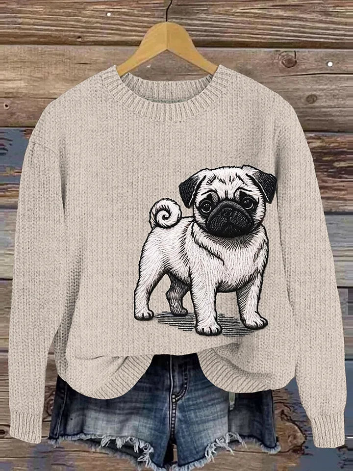 Cute Pug Embroidery Art Women's Cozy Sweater