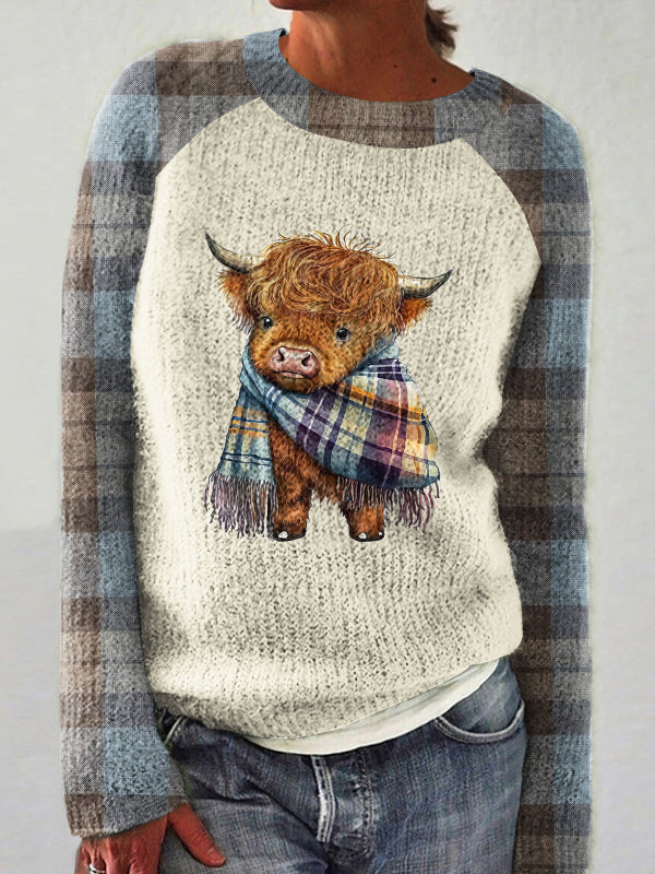 Vintage Highland Cow Plaid Raglan Crew Neck Sweater