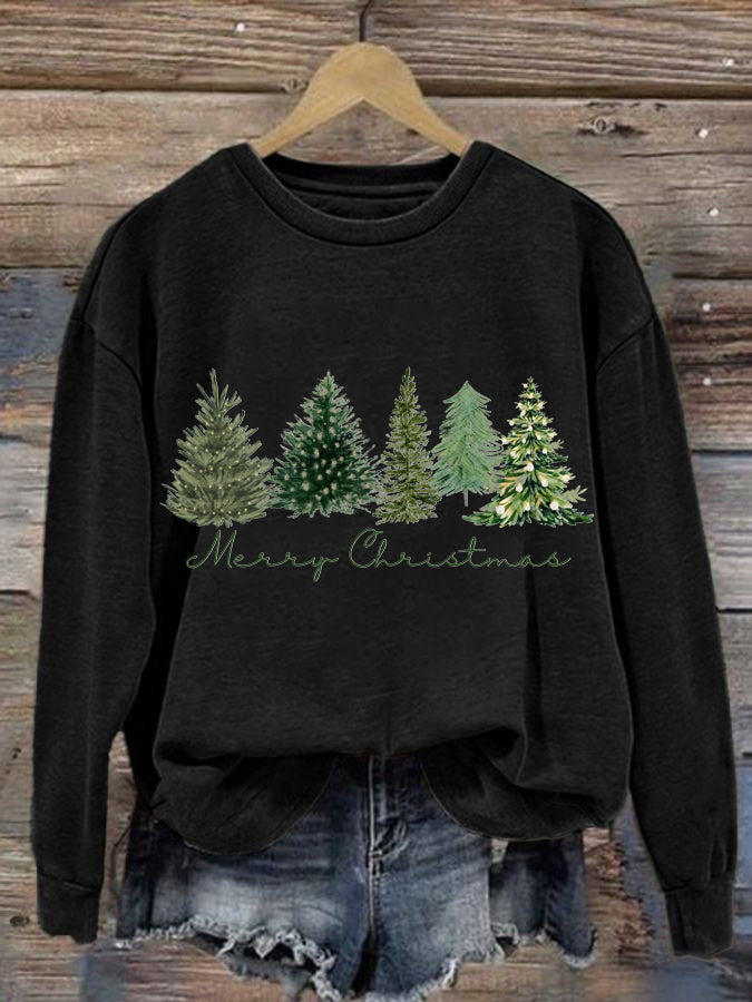 Women's Christmas Tree Printed Crew Neck Sweatshirt