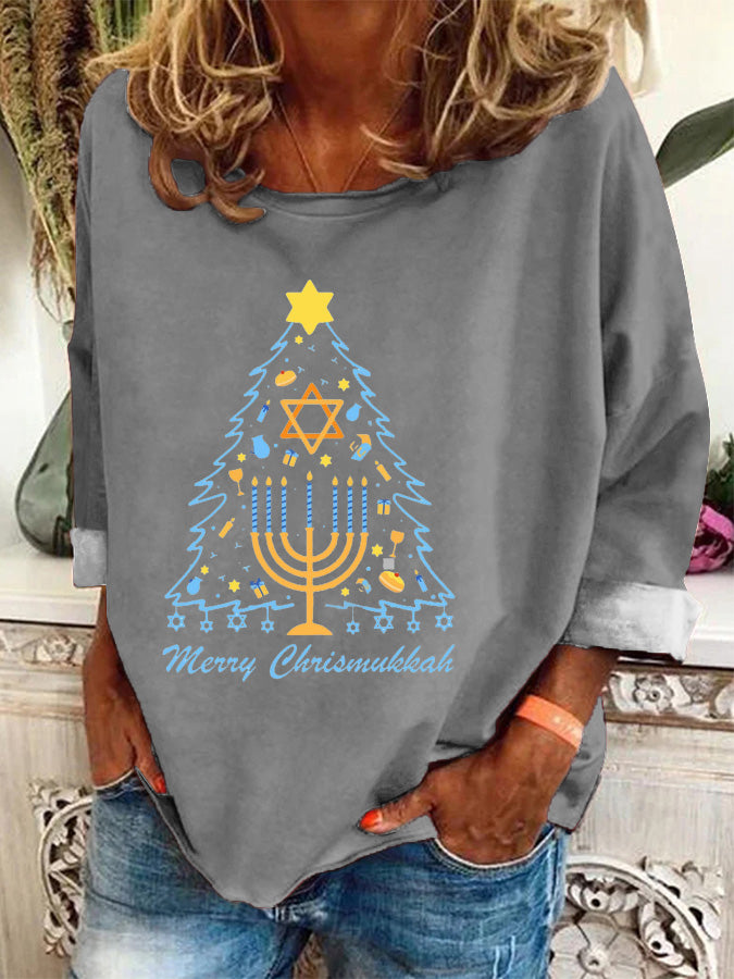 Women's Hanukkah Shalom Bitches Print Casual Long-Sleeve Top