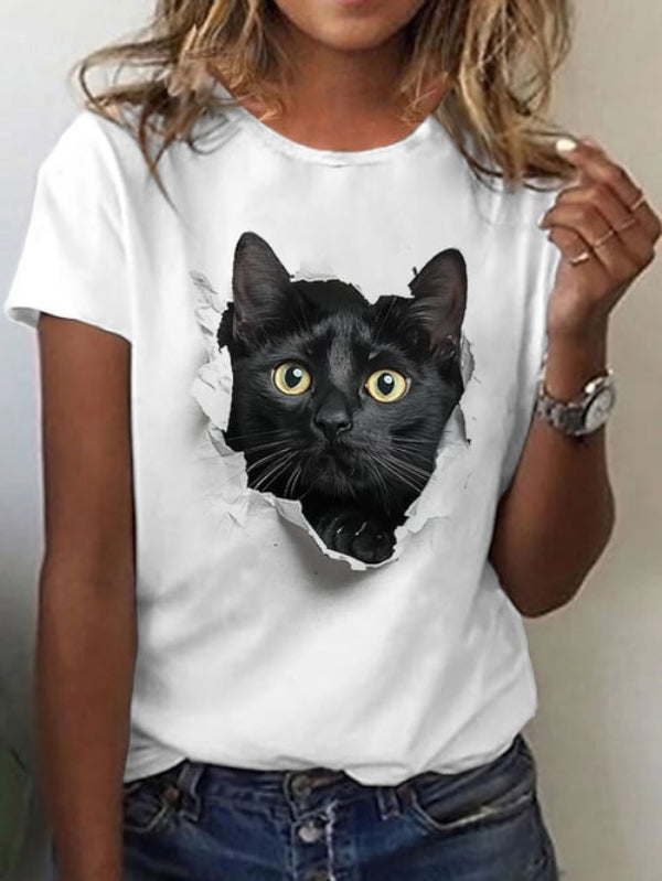 Women's Funny Cute Black Cat Print Casual Tee