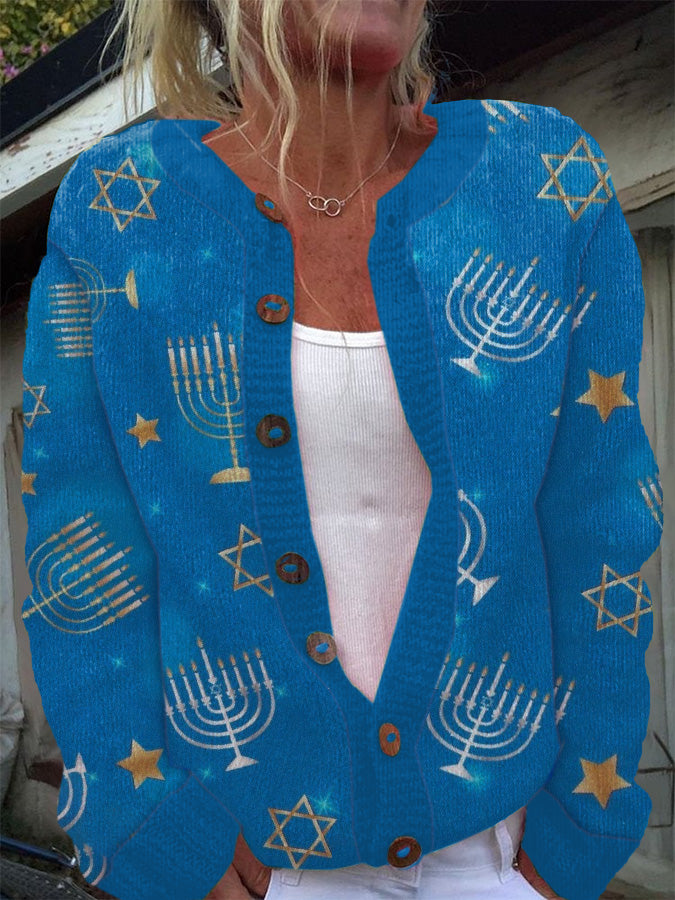 Women's Hanukkah Menorah Button Knit Cardigan