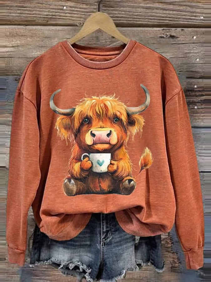 Women's Highland Cow Print Round Neck Casual Sweatshirt