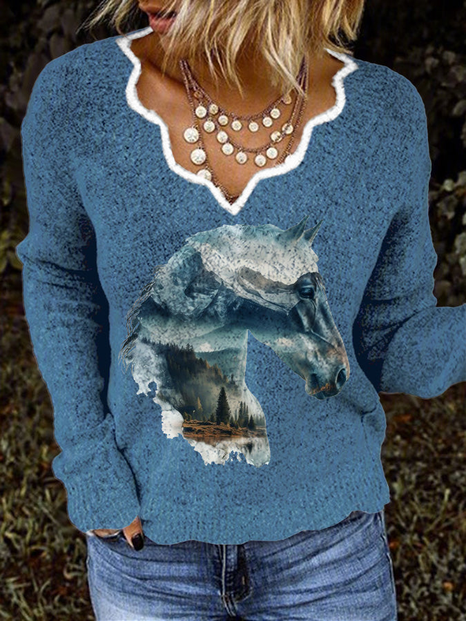 Women's Vintage Wild Horse Print Casual Sweater