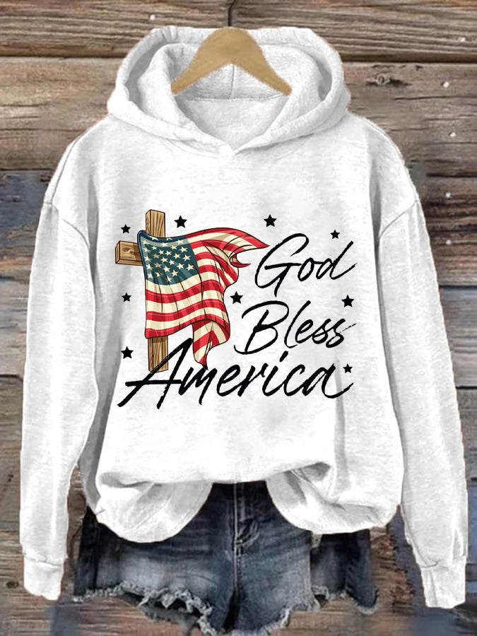 Lässiger Kapuzenpullover mit „God Bless America“-Aufdruck für Damen