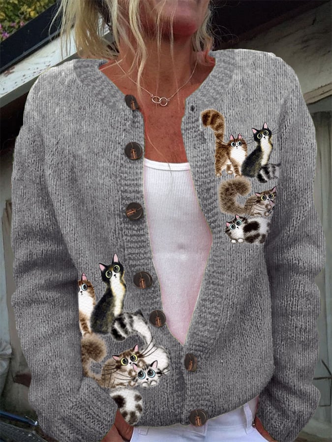 Women's Woolen Cat Print Cardigan