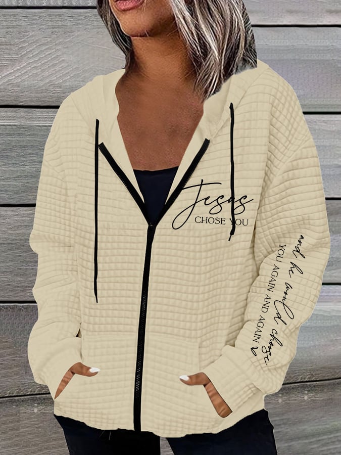 Women's Jesus Chose You Casual Waffle Hooded Jacket