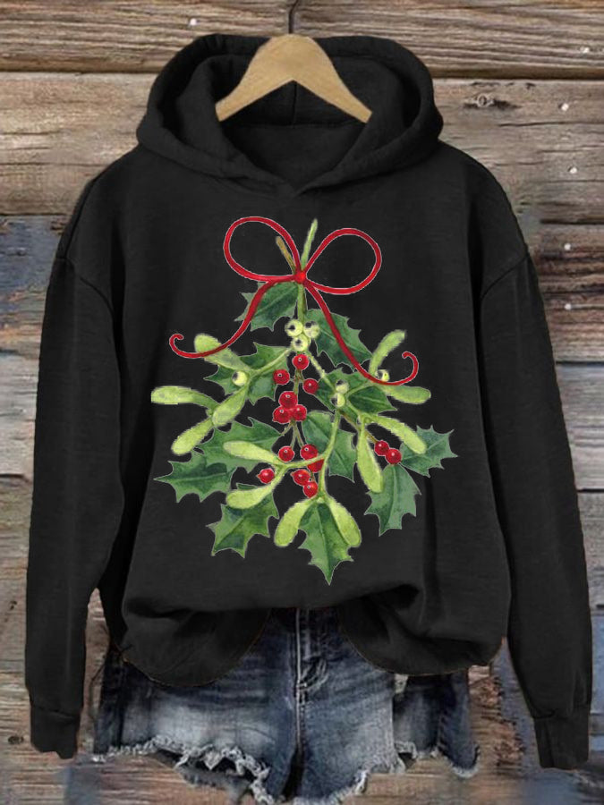 Women's Christmas Holly Print Hooded Sweatshirt