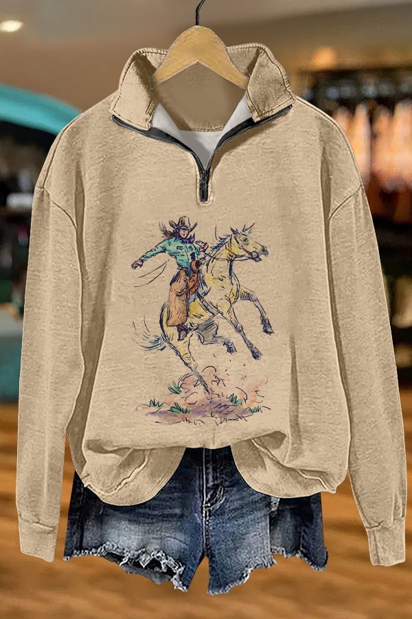 Retro Western Cowgirl Print Sweatshirt