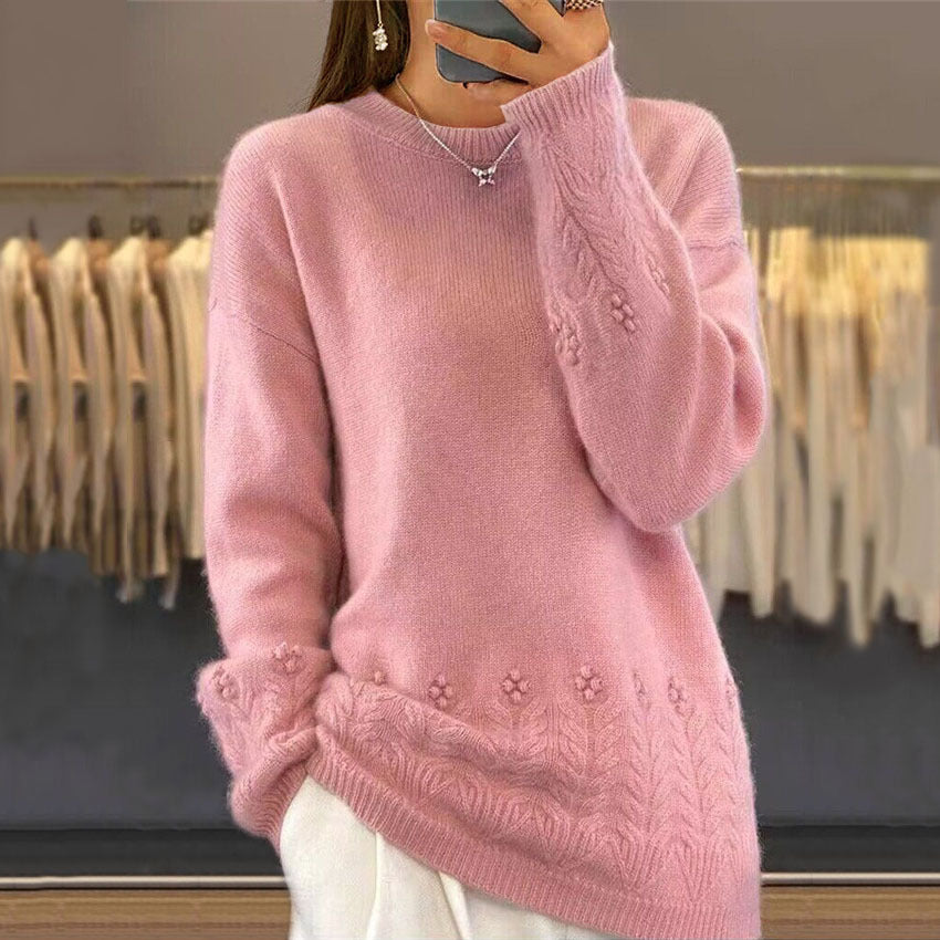 Women's Solid Color Jacquard Long Sleeve Sweater