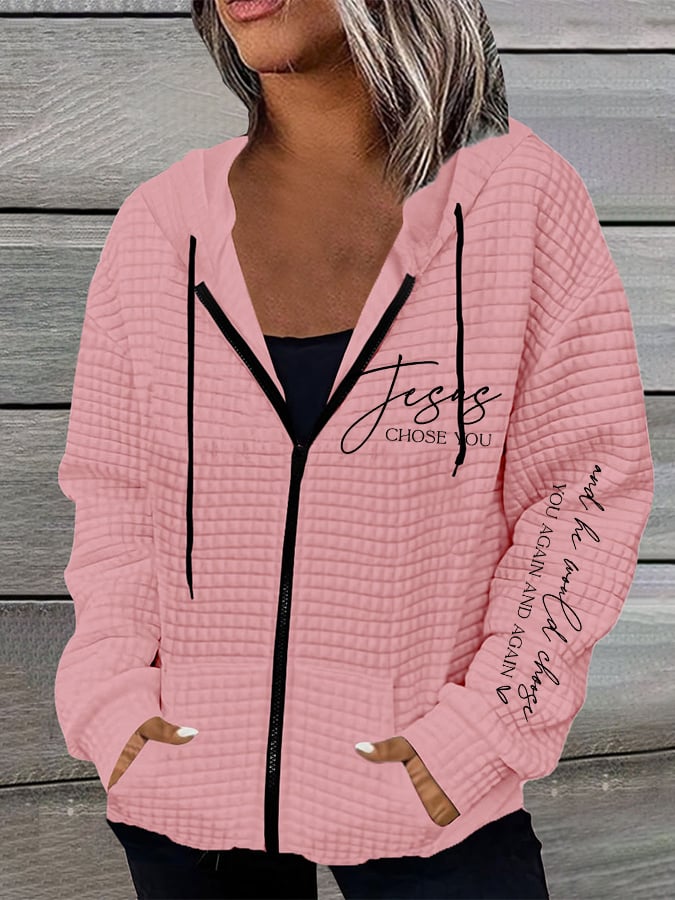 Women's Jesus Chose You Casual Waffle Hooded Jacket