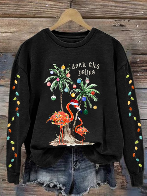 Women's Christmas Deck The Palms Printed Crew Neck Sweatshirt