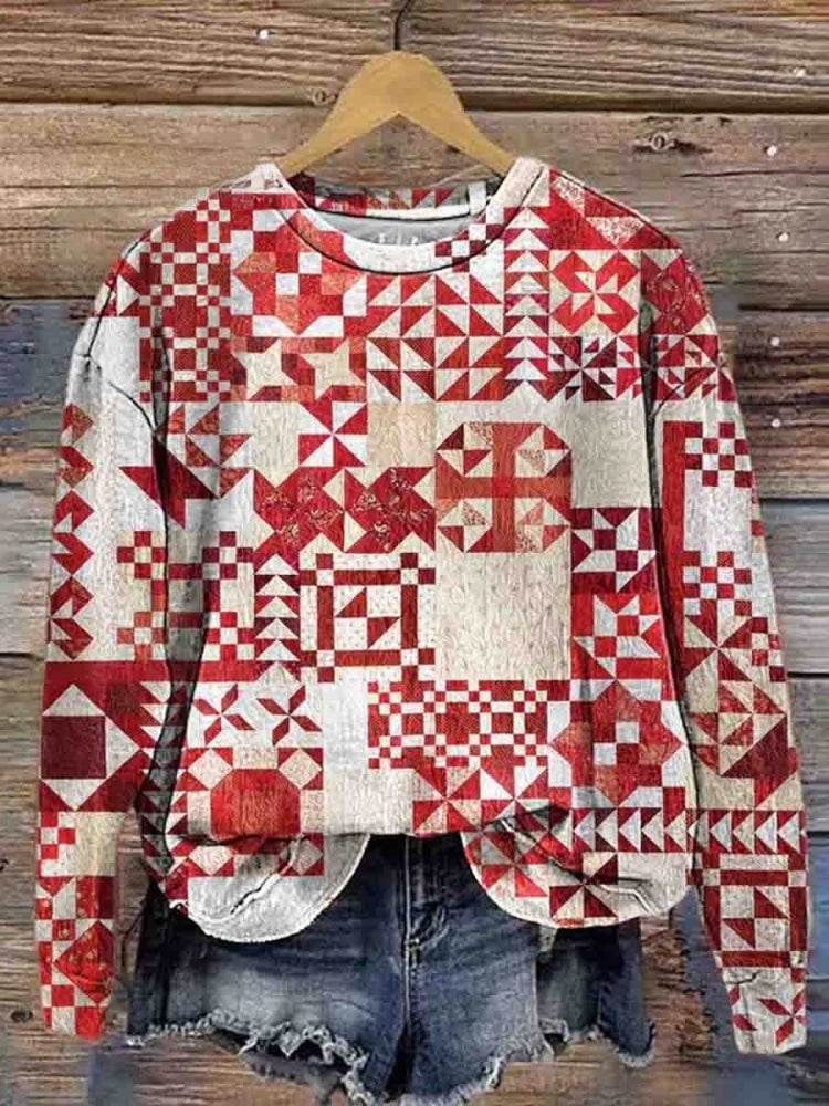 Women's Crew Neck Geometric Pattern Stitching Printed Casual Long Sleeve Sweatshirt