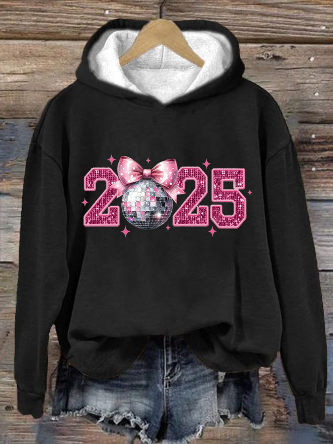 Women's Pink Disco Ball Happy New Year 2025 Print Hoodie