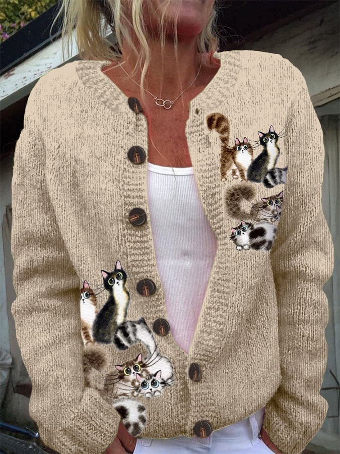 Women's Woolen Cat Print Cardigan