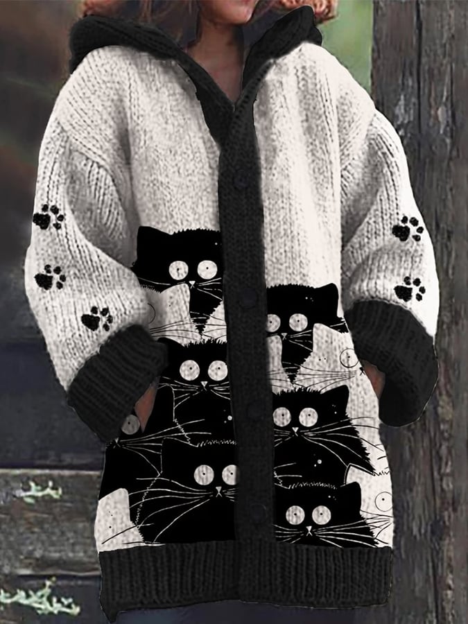 Women's Vintage Cute Cats Print Knitted Hooded Cardigan