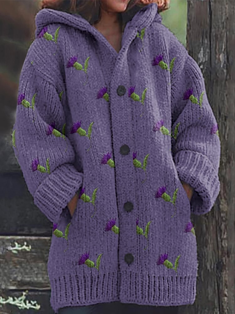 Thistle Embroidery Knit Hooded Cardigan