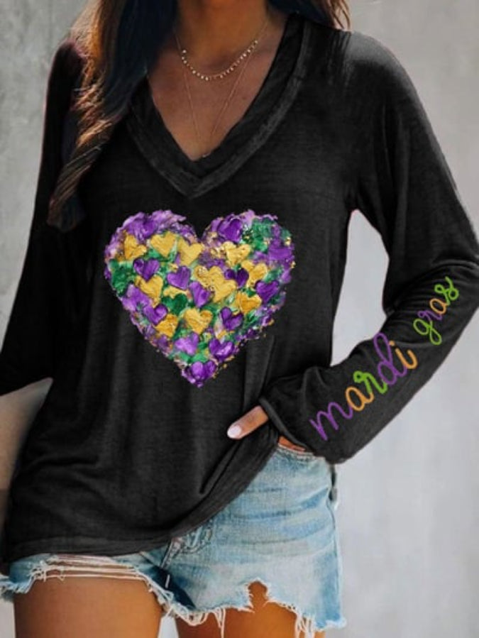 Women's Mardi Gras Heart Print V-Neck T-Shirt