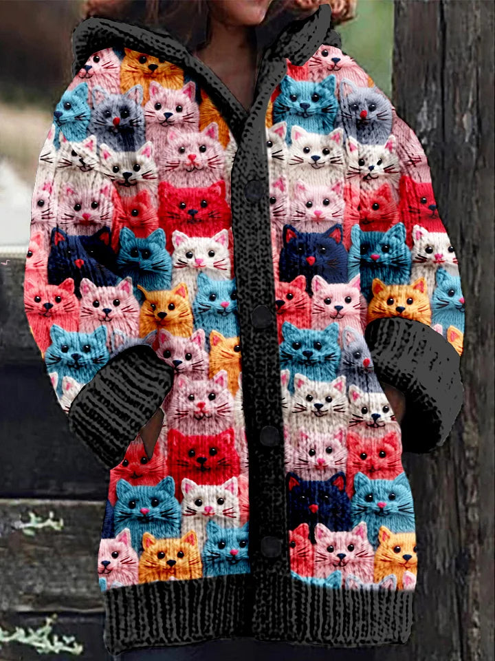 Colorful Spring Cats Pattern Cozy Hooded Cardigan