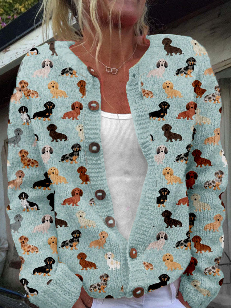 Lovely Dachshund Pattern Crew Neck Cozy Knit Cardigan