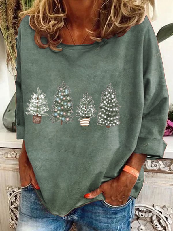 Women's Vintage Christmas Printed Long Sleeve V-Neck Top