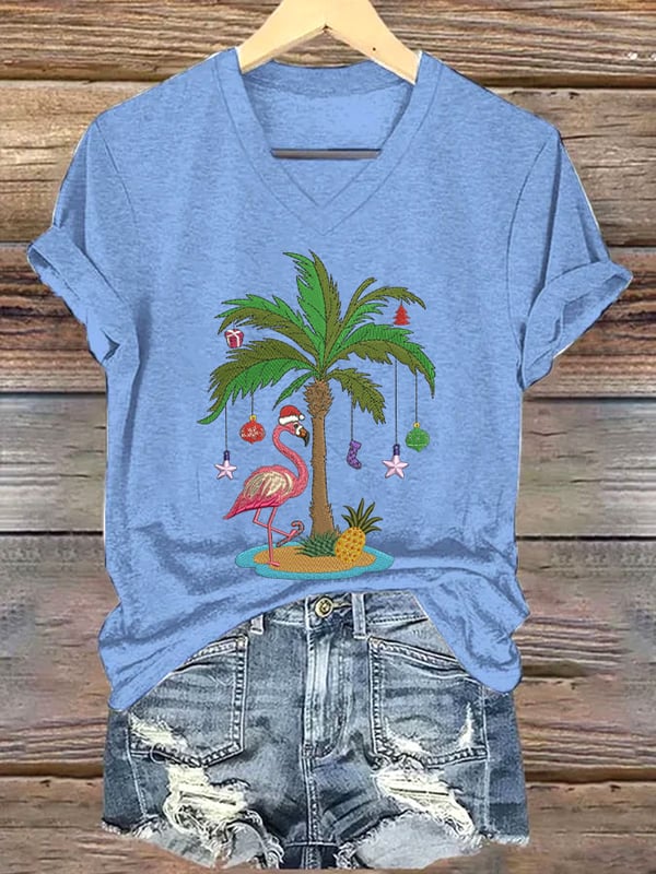 Women's Christmas Palm Tree Flamingo Embroidery Print T-Shirt