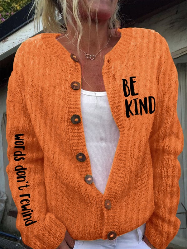 Retro Bullying Prevention Awareness Be Kind Words Don't Rewind Print Buttons Cardigan Sweater