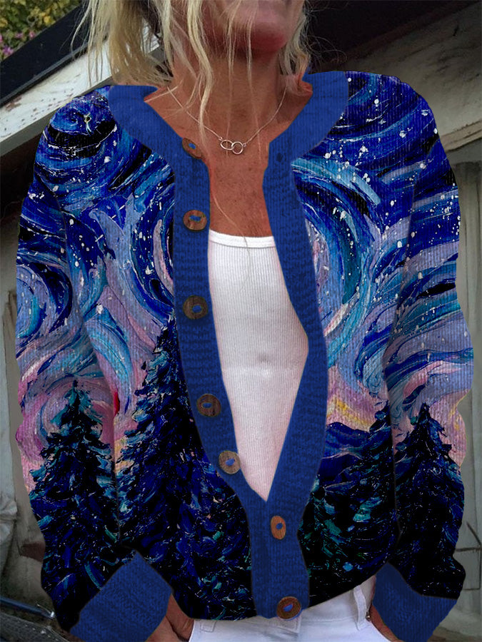 Women's Floral Tree Oil Painting Art Cozy Knit Cardigan