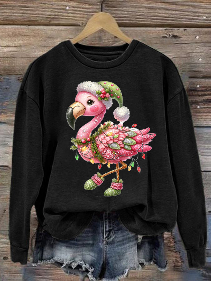 Women's Christmas Flamingo Printed Crew Neck Sweatshirt