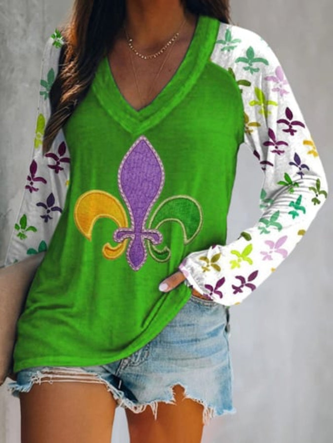 Women's Vintage Mardi Gras Print V Neck T-Shirt