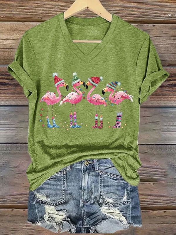 Damen T-Shirt mit V-Ausschnitt und weihnachtlichem Flamingo-Print