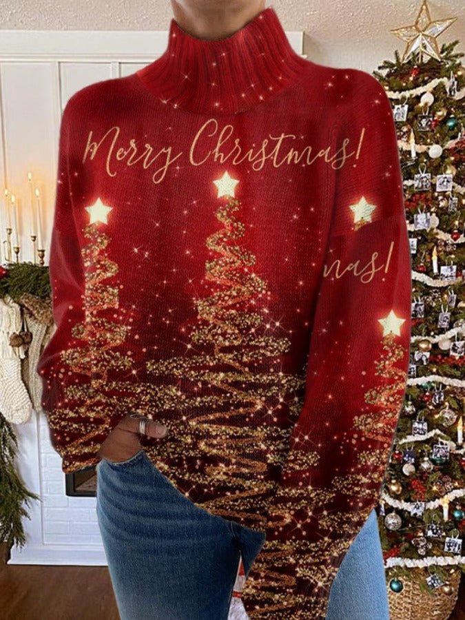 Rollkragenpullover aus Strick mit glitzerndem Weihnachtsdruck für Damen