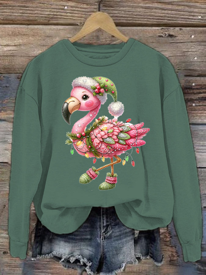 Women's Christmas Flamingo Printed Crew Neck Sweatshirt