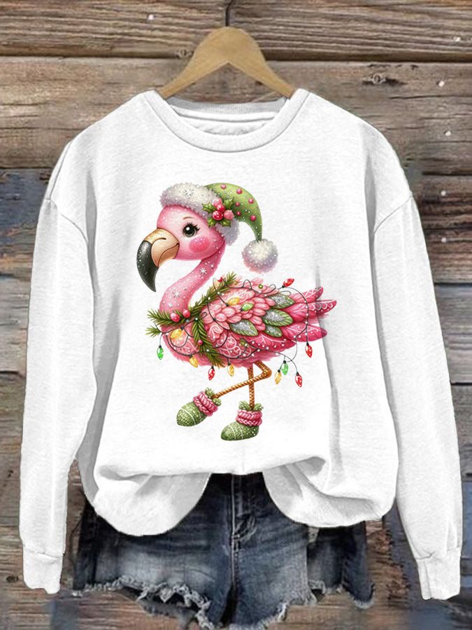 Women's Christmas Flamingo Printed Crew Neck Sweatshirt