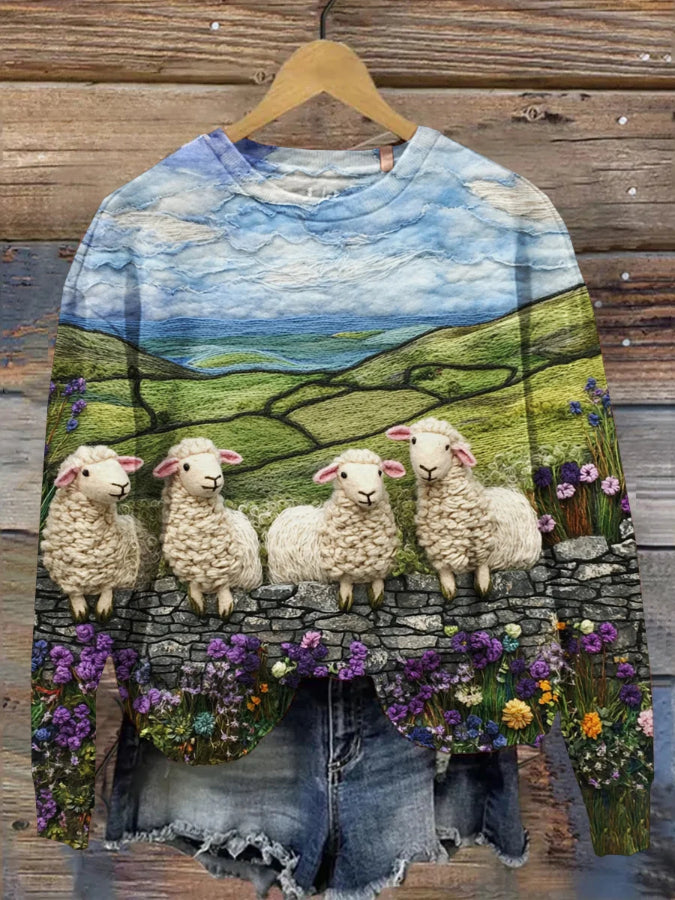 Langärmliges Sweatshirt mit Farm-Schaf-Aufdruck für Damen