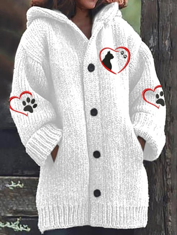 Women's Cute Cat Heart Print Loose Casual Sweater Hooded Jacket