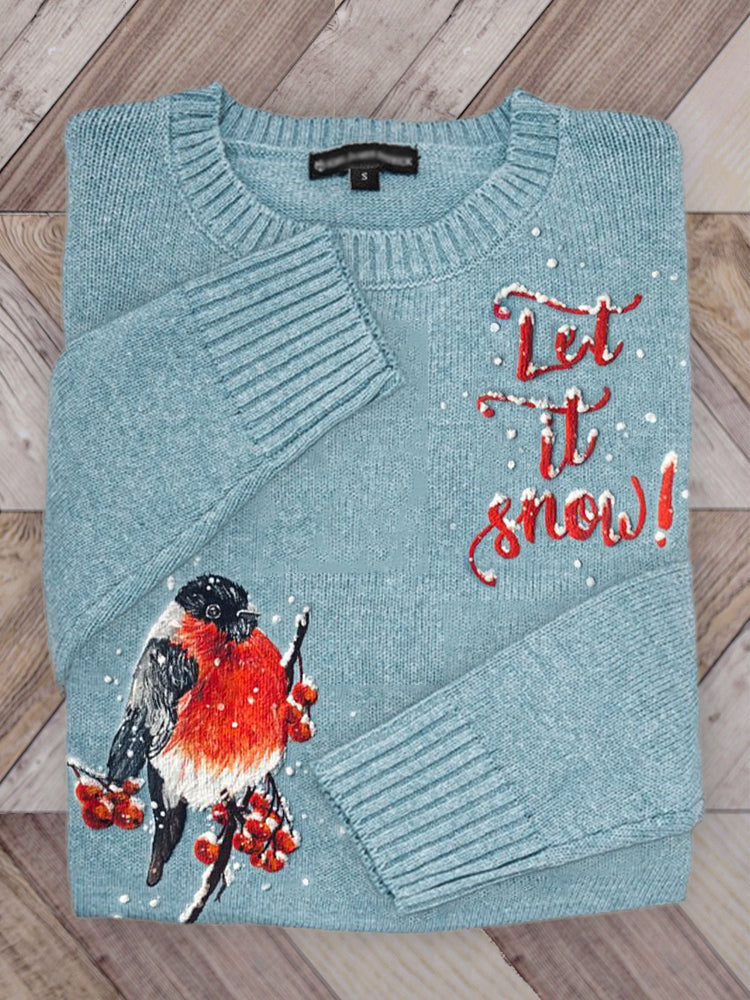 Let It Snow Bird On Berry Branch Embroidered Cozy Sweater