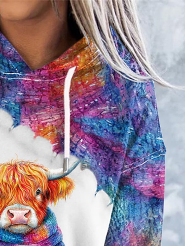 Women'S Highland Cow Print Hooded Sweatshirt