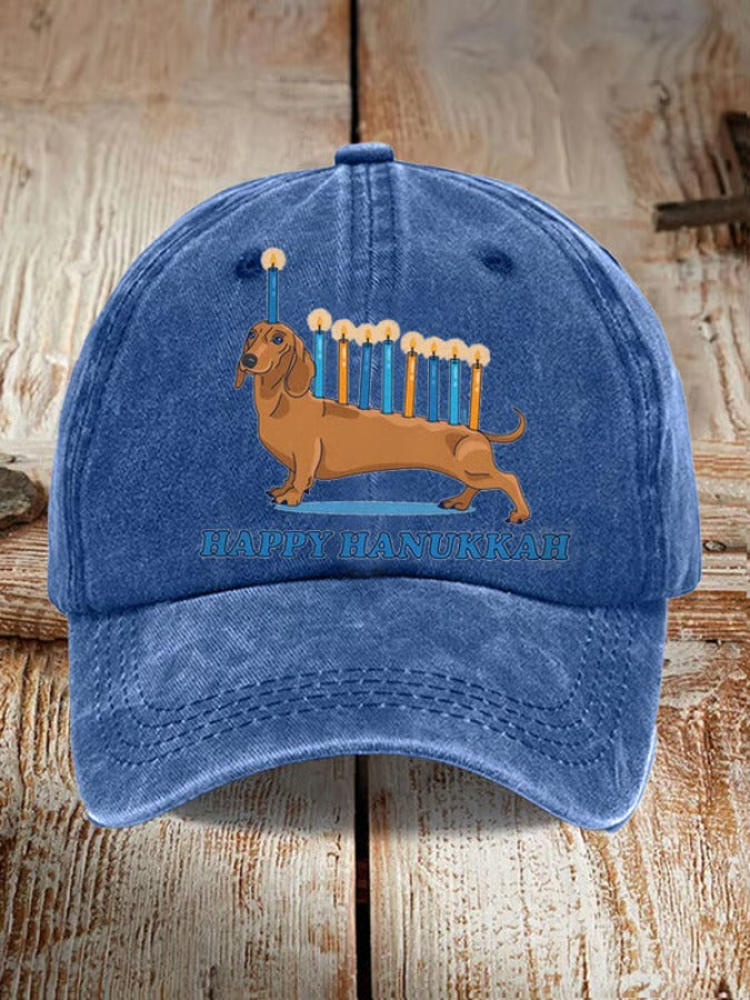 Unisex Weiner Dog Hanukkah Menorah Print Hat