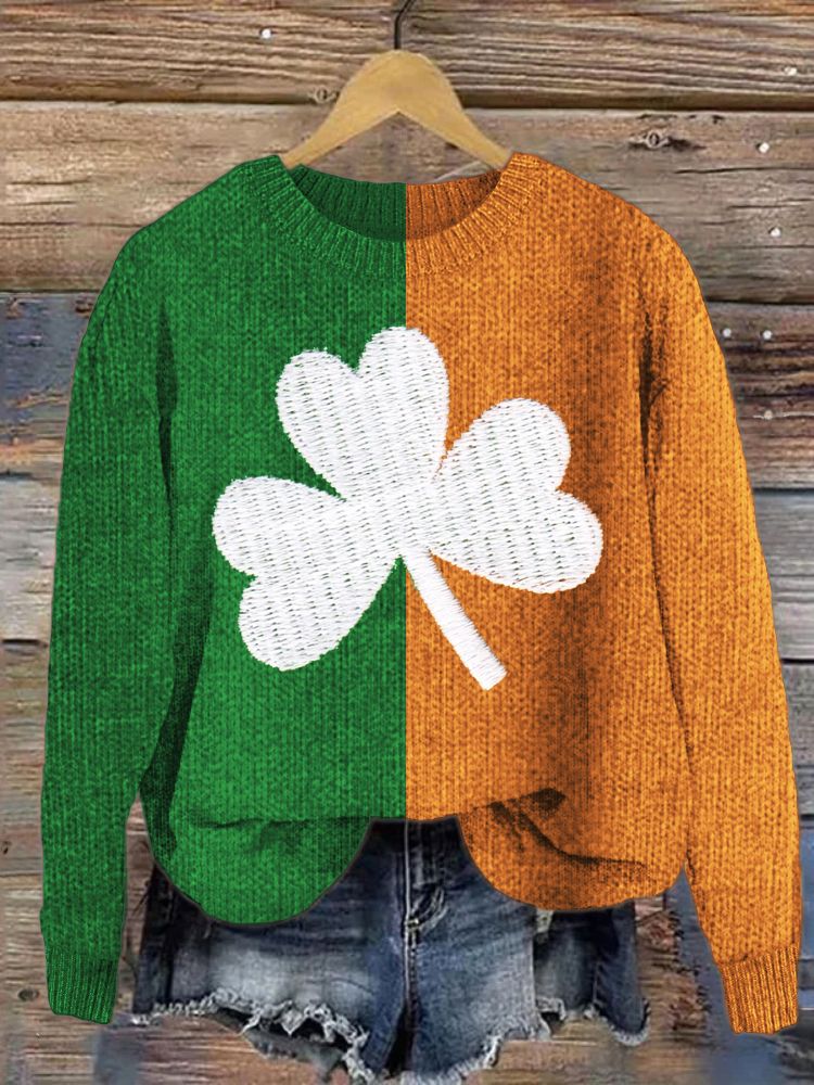 Retro St. Patrick’s Day Shamrock Color Block Print Sweater