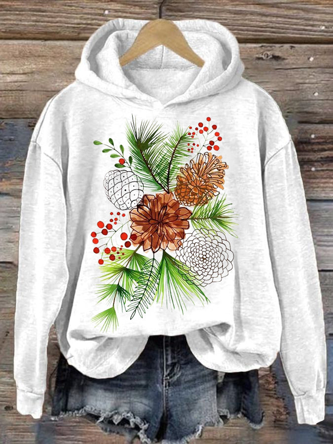 Women's Christmas Pine Nut Print Hooded Sweatshirt